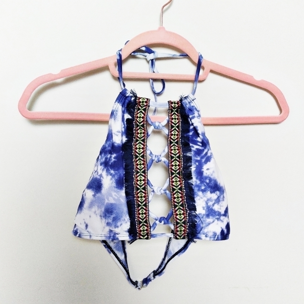 Altar'd State Blue and White Tie Dye Halter Embroidered Bikini Top Size Medium